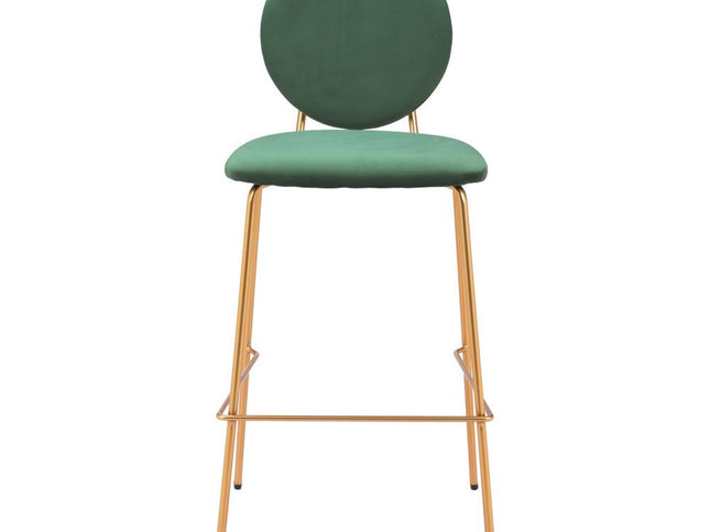 Set of Two 30" Green and Gold Velvet and Steel Bar Height Bar Chairs