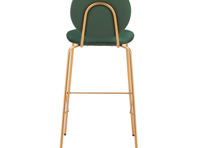 Set of Two 30" Green and Gold Velvet and Steel Bar Height Bar Chairs