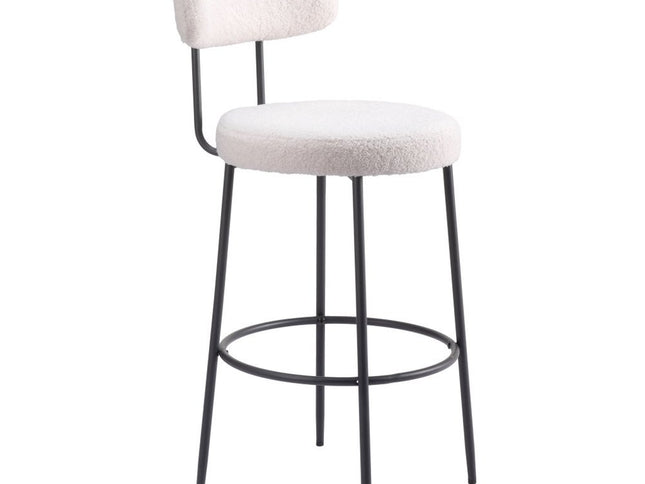 Set of Two 29" Ivory And Black Shearling And Steel Low Back Bar Height Bar Chairs