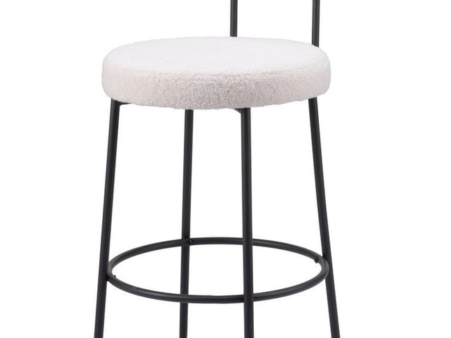 Set of Two 29" Ivory And Black Shearling And Steel Low Back Bar Height Bar Chairs