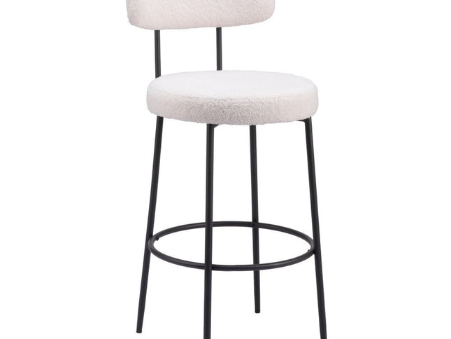 Set of Two 29" Ivory And Black Shearling And Steel Low Back Bar Height Bar Chairs