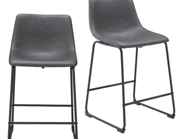 Set of Two 24" Charcoal and Black Faux Leather and Steel Counter Height Bar Chairs