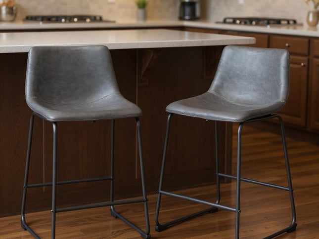 Set of Two 24" Charcoal and Black Faux Leather and Steel Counter Height Bar Chairs
