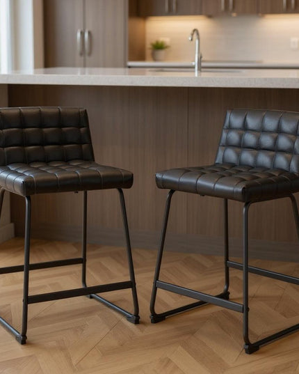Set of Two 26" Black Faux Leather and Steel Counter Height Bar Chairs