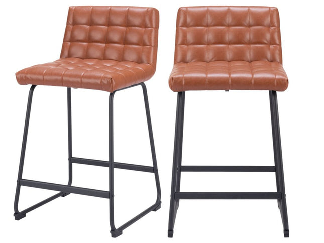 Set of Two 26" Brown And Black Faux Leather And Steel Counter Height Bar Chairs