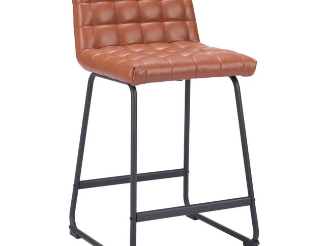 Set of Two 26" Brown And Black Faux Leather And Steel Counter Height Bar Chairs