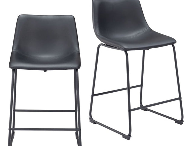 Set of Two 24" Black Faux Leather and Steel Counter Height Bar Chairs