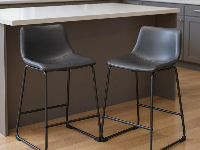 Set of Two 24" Black Faux Leather and Steel Counter Height Bar Chairs