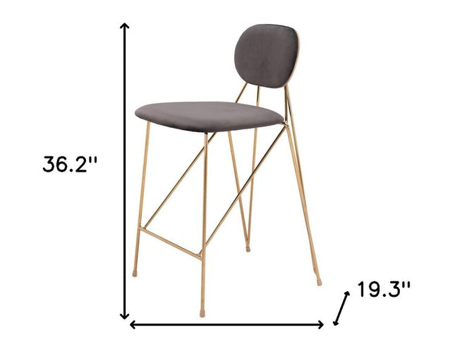 Set of Two 26" Gray and Gold Velvet and Steel Low Back Counter Height Bar Chairs