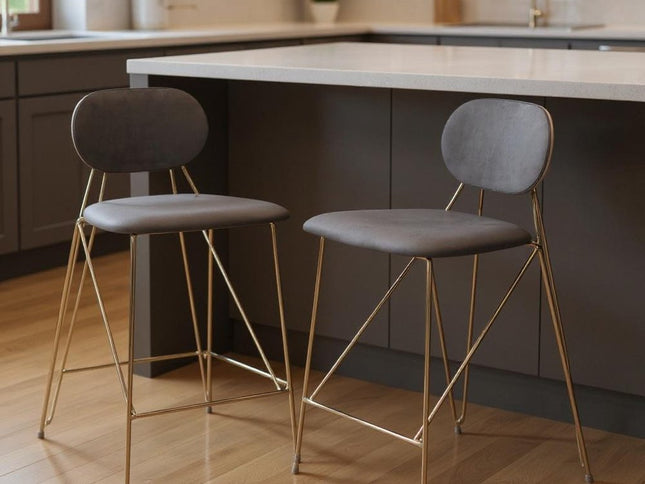 Set of Two 26" Gray and Gold Velvet and Steel Low Back Counter Height Bar Chairs
