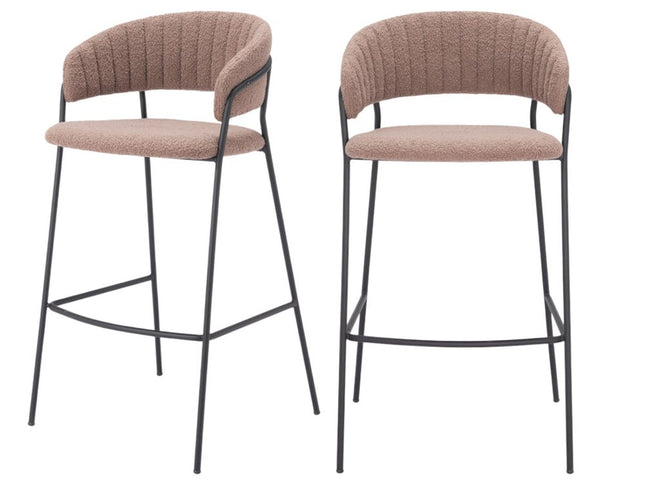 Set of Two 30" Brown and Black Shearling and Steel Low Back Bar Height Bar Chairs