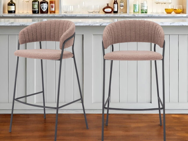 Set of Two 30" Brown and Black Shearling and Steel Low Back Bar Height Bar Chairs