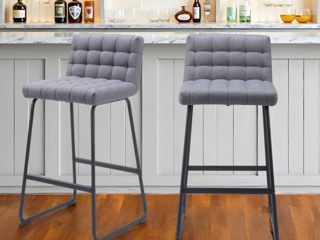 Set of Two 30" Gray And Black Fabric And Steel Bar Height Bar Chairs