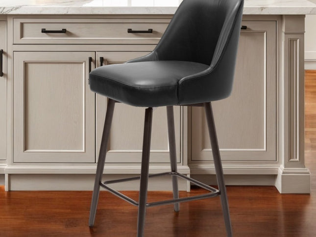 26" Black And Bronze Faux Leather And Steel Counter Height Swivel Bar Chair