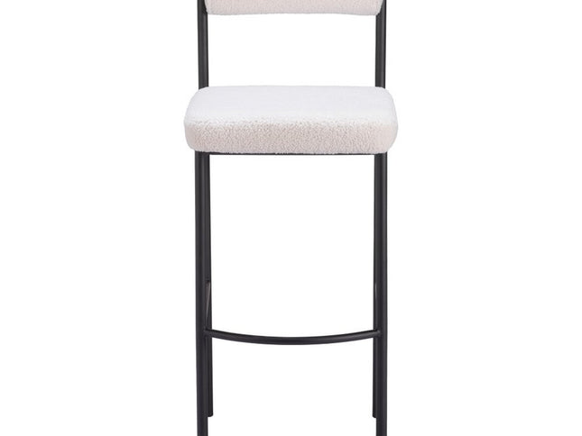 Set of Two 30" Ivory and Black Shearling and Steel Low Back Bar Height Bar Chairs