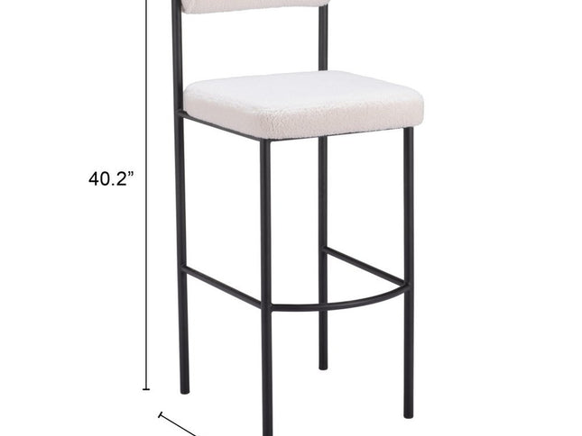Set of Two 30" Ivory and Black Shearling and Steel Low Back Bar Height Bar Chairs