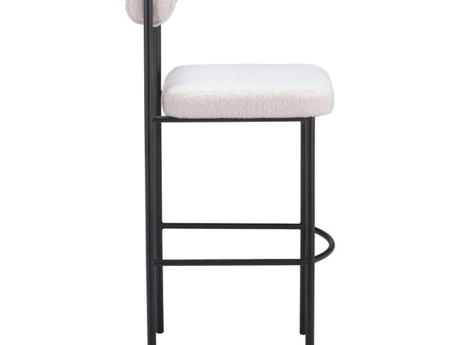 Set of Two 30" Ivory and Black Shearling and Steel Low Back Bar Height Bar Chairs