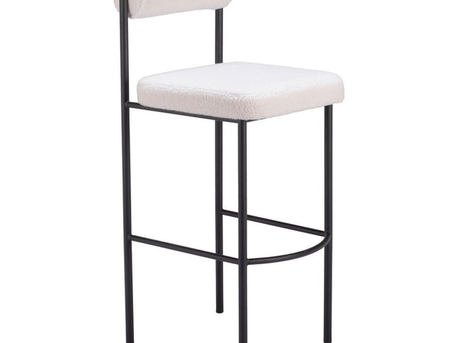 Set of Two 30" Ivory and Black Shearling and Steel Low Back Bar Height Bar Chairs
