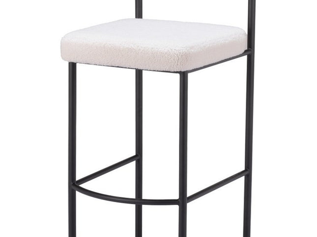 Set of Two 30" Ivory and Black Shearling and Steel Low Back Bar Height Bar Chairs