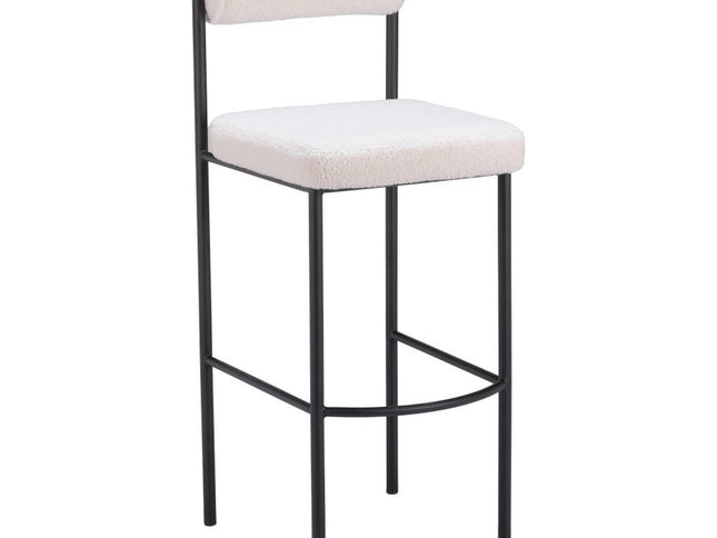 Set of Two 30" Ivory and Black Shearling and Steel Low Back Bar Height Bar Chairs