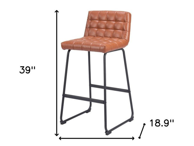 Set of Two 30" Brown And Black Faux Leather And Steel Bar Height Bar Chairs