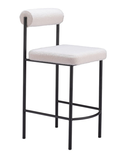 Set of Two 26" Ivory and Black Faux Shearling and Steel Low Back Counter Height Bar Chairs