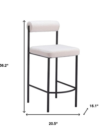 Set of Two 26" Ivory and Black Faux Shearling and Steel Low Back Counter Height Bar Chairs