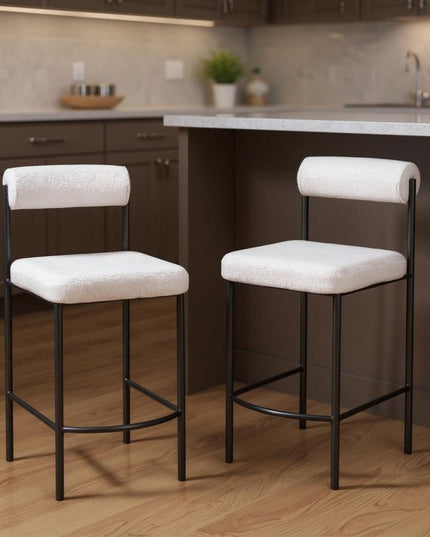 Set of Two 26" Ivory and Black Faux Shearling and Steel Low Back Counter Height Bar Chairs