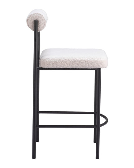 Set of Two 26" Ivory and Black Faux Shearling and Steel Low Back Counter Height Bar Chairs