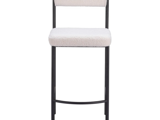 Set of Two 26" Ivory and Black Faux Shearling and Steel Low Back Counter Height Bar Chairs