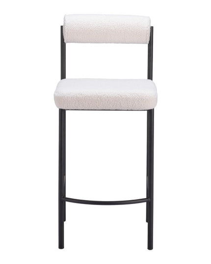 Set of Two 26" Ivory and Black Faux Shearling and Steel Low Back Counter Height Bar Chairs