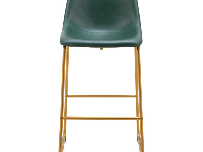 Set of Two 29" Green And Gold Faux Leather And Steel Bar Height Bar Chairs