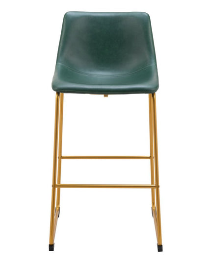 Set of Two 29" Green And Gold Faux Leather And Steel Bar Height Bar Chairs