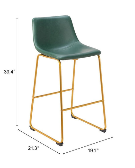 Set of Two 29" Green And Gold Faux Leather And Steel Bar Height Bar Chairs