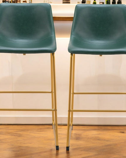 Set of Two 29" Green And Gold Faux Leather And Steel Bar Height Bar Chairs