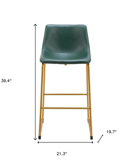 Set of Two 29" Green And Gold Faux Leather And Steel Bar Height Bar Chairs