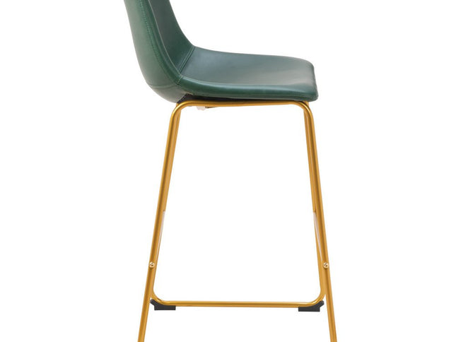 Set of Two 29" Green And Gold Faux Leather And Steel Bar Height Bar Chairs