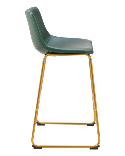 Set of Two 29" Green And Gold Faux Leather And Steel Bar Height Bar Chairs