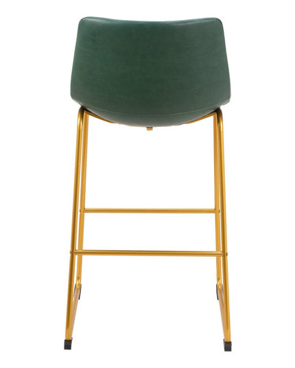 Set of Two 29" Green And Gold Faux Leather And Steel Bar Height Bar Chairs
