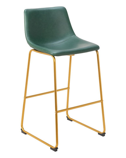Set of Two 29" Green And Gold Faux Leather And Steel Bar Height Bar Chairs