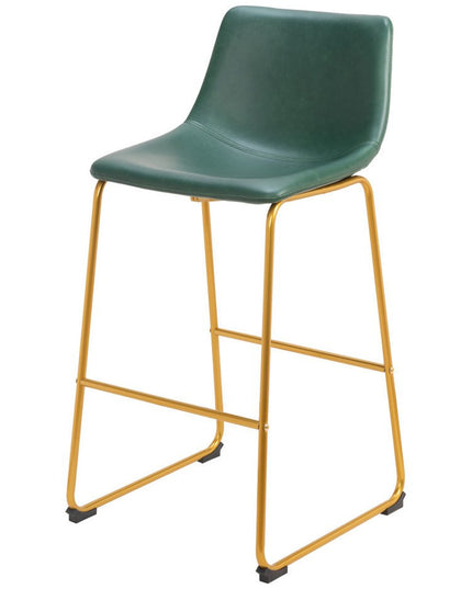 Set of Two 29" Green And Gold Faux Leather And Steel Bar Height Bar Chairs
