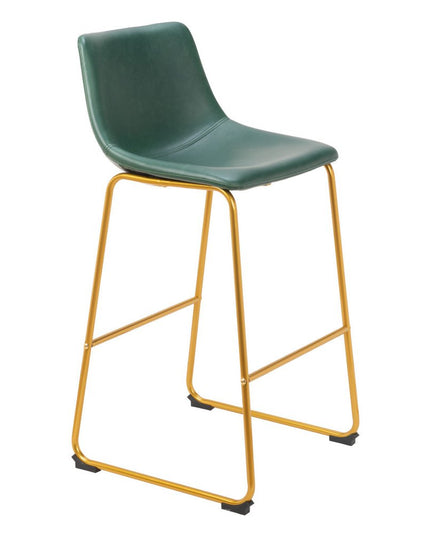 Set of Two 29" Green And Gold Faux Leather And Steel Bar Height Bar Chairs