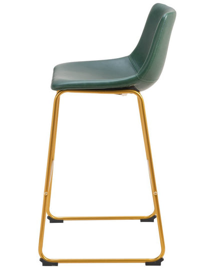 Set of Two 29" Green And Gold Faux Leather And Steel Bar Height Bar Chairs