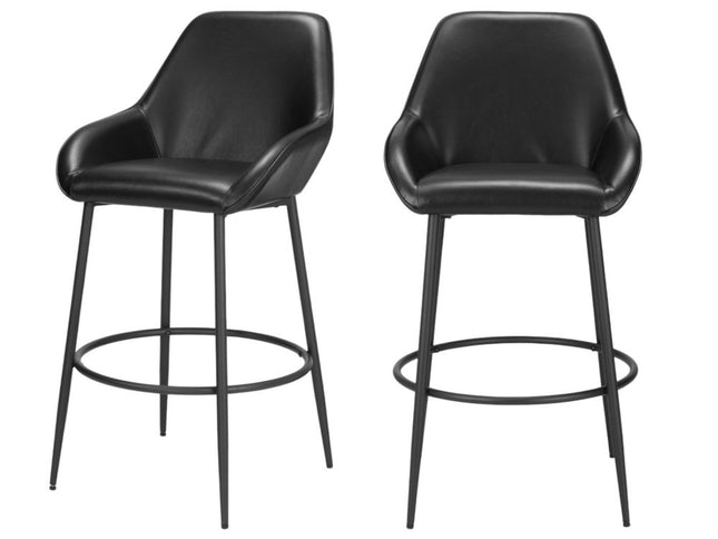 Set of Two 30" Black Faux Leather And Steel Bar Height Bar Chairs