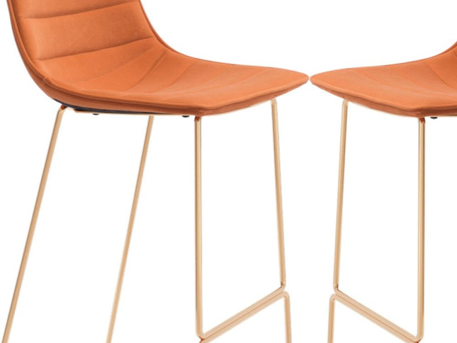 Set of Two 30" Orange And Gold Velvet And Steel Bar Height Bar Chairs