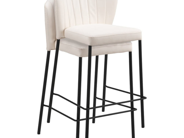 Set of Two 26" Cream And Black Faux Leather And Steel Counter Height Bar Chairs