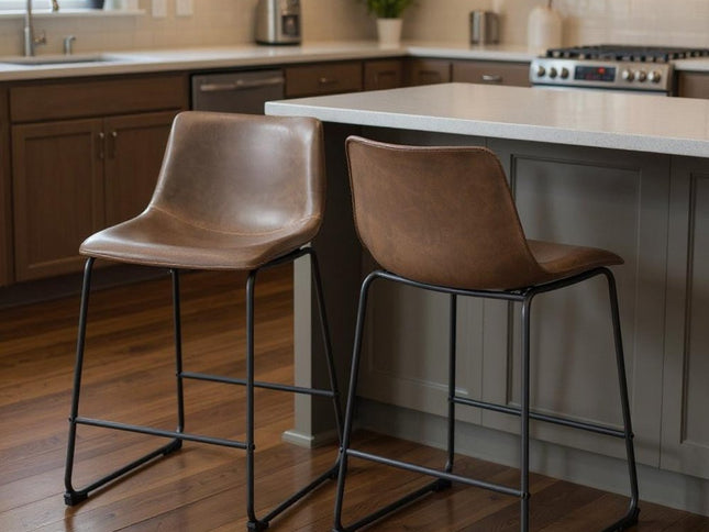 Set of Two 24" Espresso and Black Faux Leather and Steel Counter Height Bar Chairs