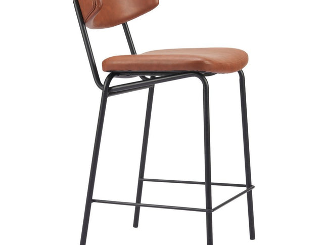 Set of Two 30" Brown and Black Faux Leather and Steel Low Back Bar Height Bar Chairs