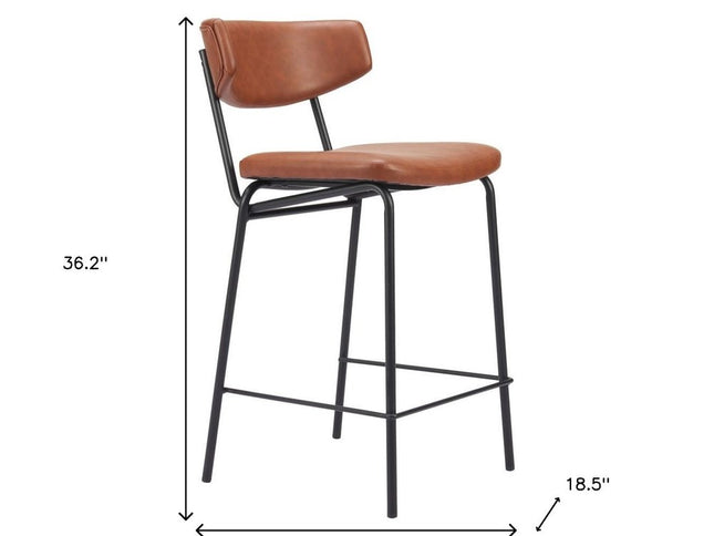 Set of Two 30" Brown and Black Faux Leather and Steel Low Back Bar Height Bar Chairs