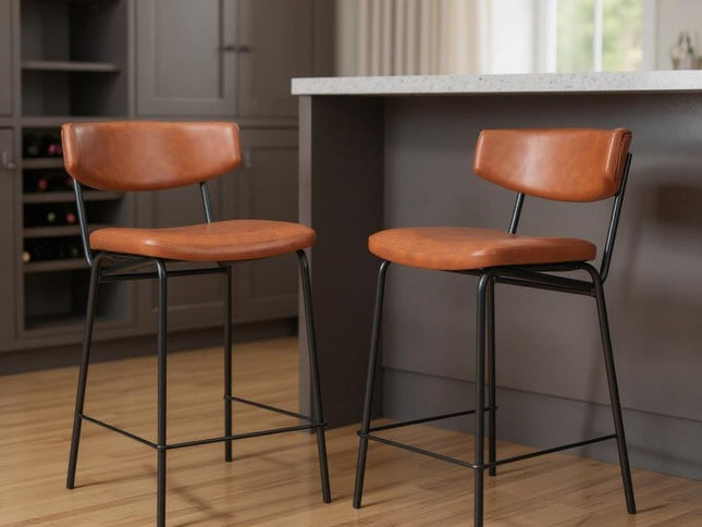 Set of Two 30" Brown and Black Faux Leather and Steel Low Back Bar Height Bar Chairs